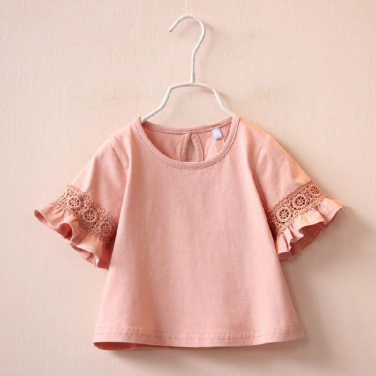 Blusa infantil, bebê crianças meninas roupas de algodão rosa, camisa manga curta rosa seco, casual.