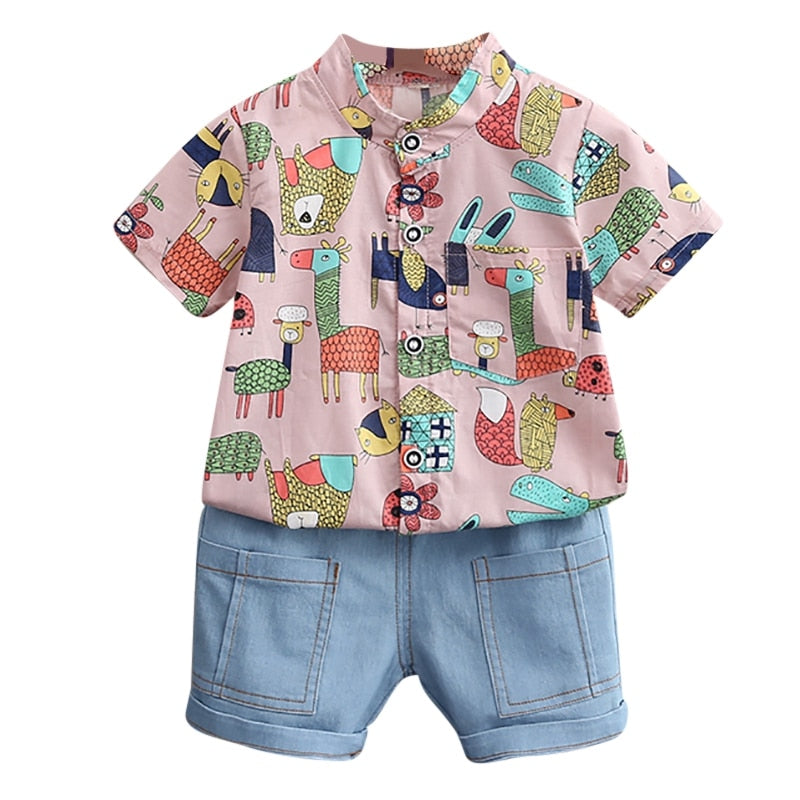 Roupa infantil de verão Baywell. Conjuntos para meninos, camiseta animal de manga curta, calças curtas, duas peças, conjunto de bebê de praia.