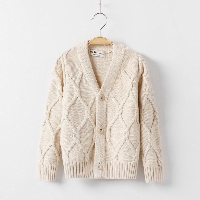 Casaco, cardigan para meninos, tricô cor pura jacquard para bebês de 2 a 10 anos.