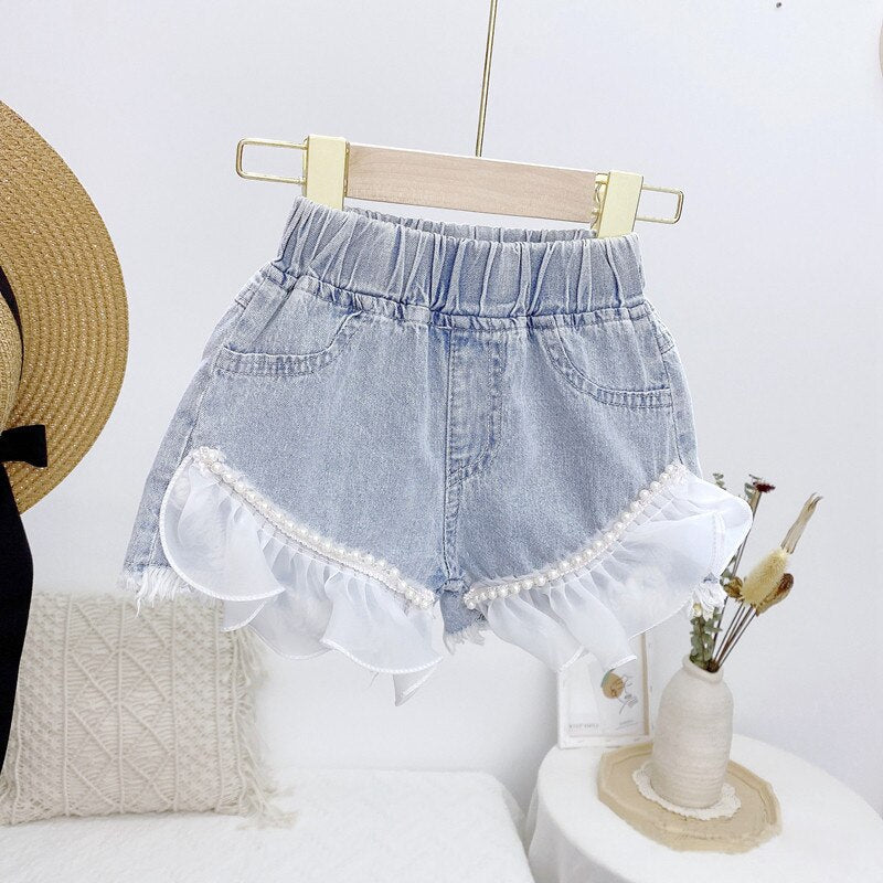 Short jeans para meninas, roupas de verão para crianças e bebês, com babados e renda, short elegante, fofo.