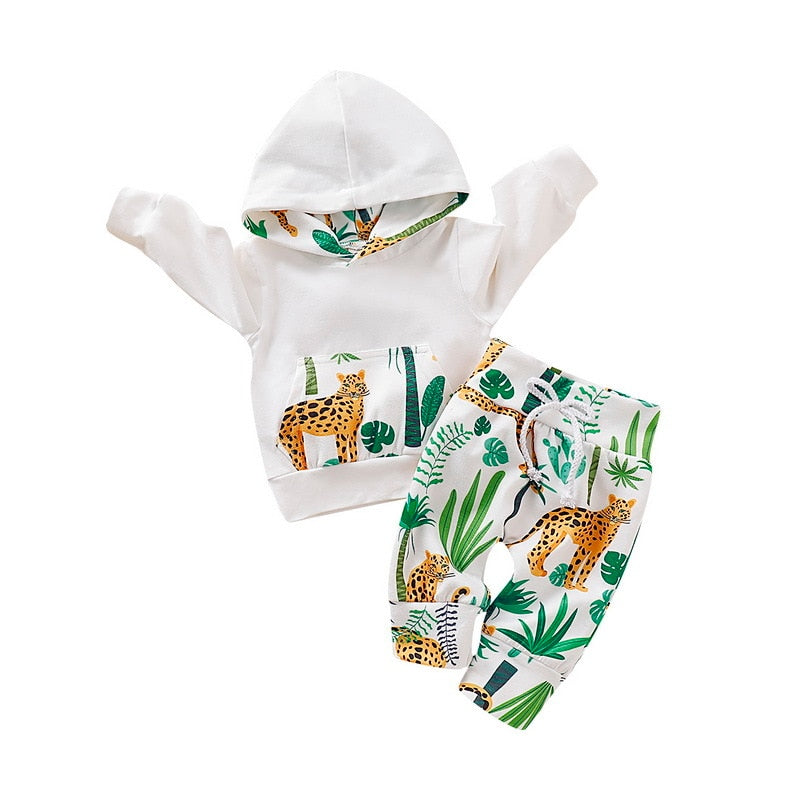 Conjunto de roupas de bebê menino e menina, recém-nascidos, estampa de selva dos desenhos animados. Roupa de bebê menino, com capuz e calça. Roupa infantil 2 peças.