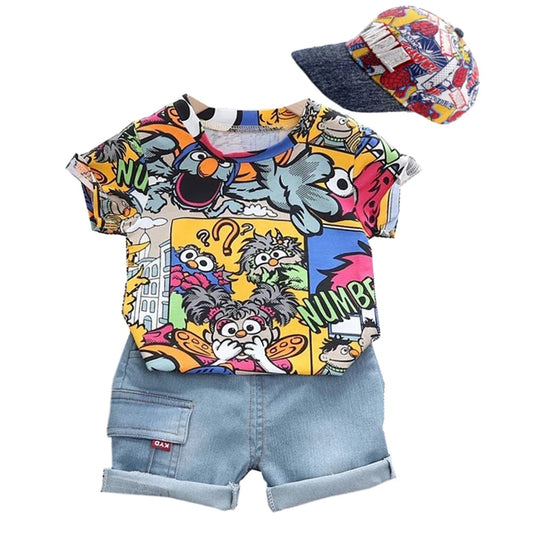 Conjunto infantil para meninos. Roupa com chapéu de sol estampa grafite manga curta short Jeans de crianças.