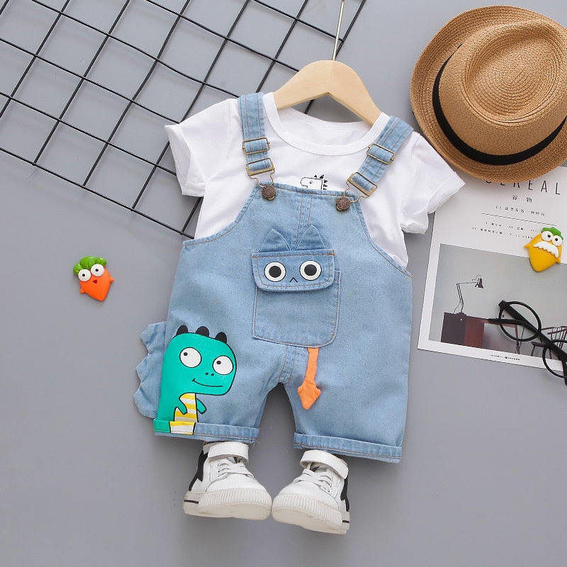 Conjunto de roupas macacão Jeans para bebês, meninos, camiseta com gola o e shorts com manga curta, novo modelo de roupa infantil para crianças.