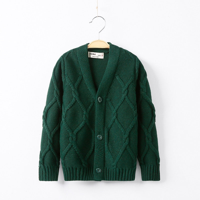 Casaco, cardigan para meninos, tricô cor pura jacquard para bebês de 2 a 10 anos.