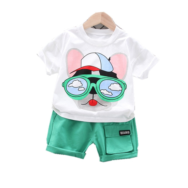 Nova moda verão roupas de bebê para meninos e meninas, crianças. Desenhos animados camiseta shorts 2 peças.