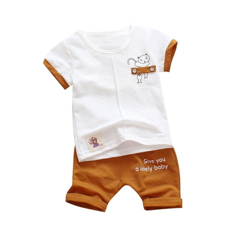 Conjunto de roupas de verão para crianças menino estampado camiseta manga curta gola redonda casuais calças de criança infantil roupas de menino