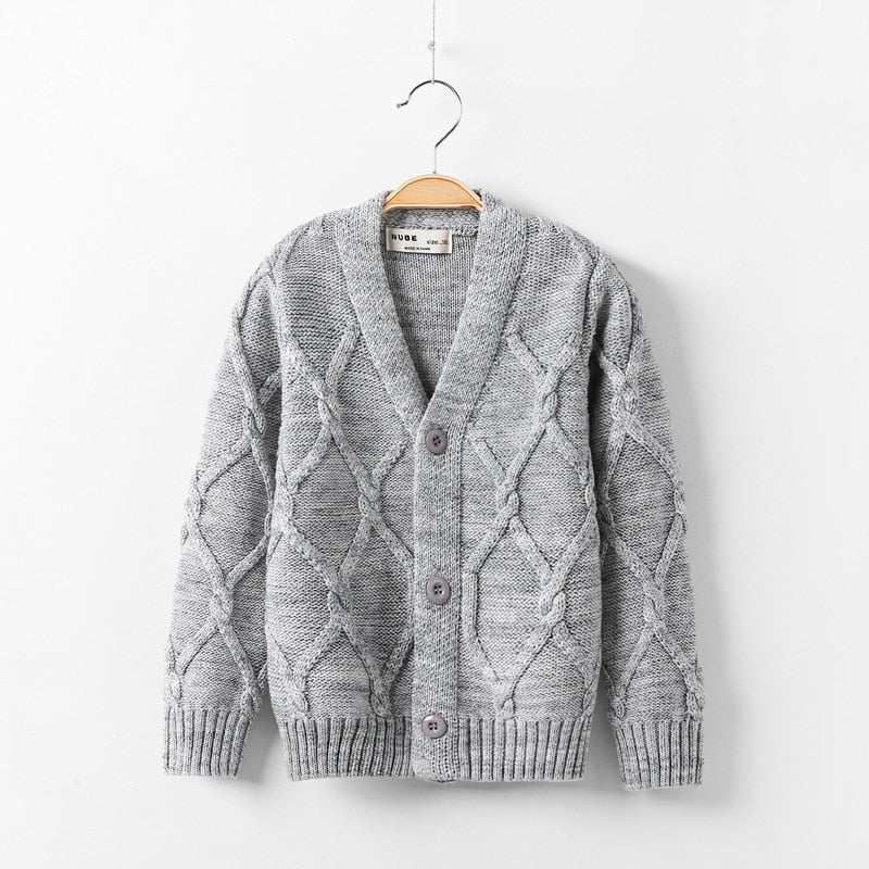 Casaco, cardigan para meninos, tricô cor pura jacquard para bebês de 2 a 10 anos.