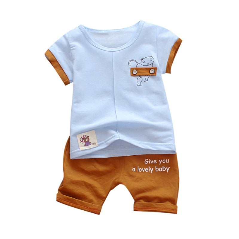 Conjunto de roupas de verão para crianças menino estampado camiseta manga curta gola redonda casuais calças de criança infantil roupas de menino