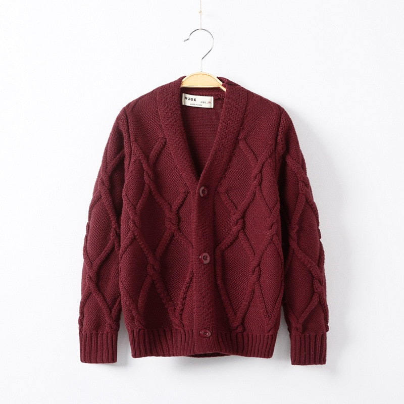 Casaco, cardigan para meninos, tricô cor pura jacquard para bebês de 2 a 10 anos.