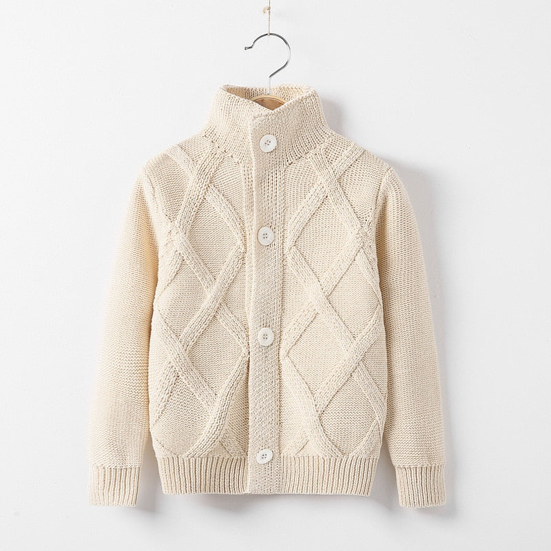 Casaco, cardigan para meninos, tricô cor pura jacquard para bebês de 2 a 10 anos.