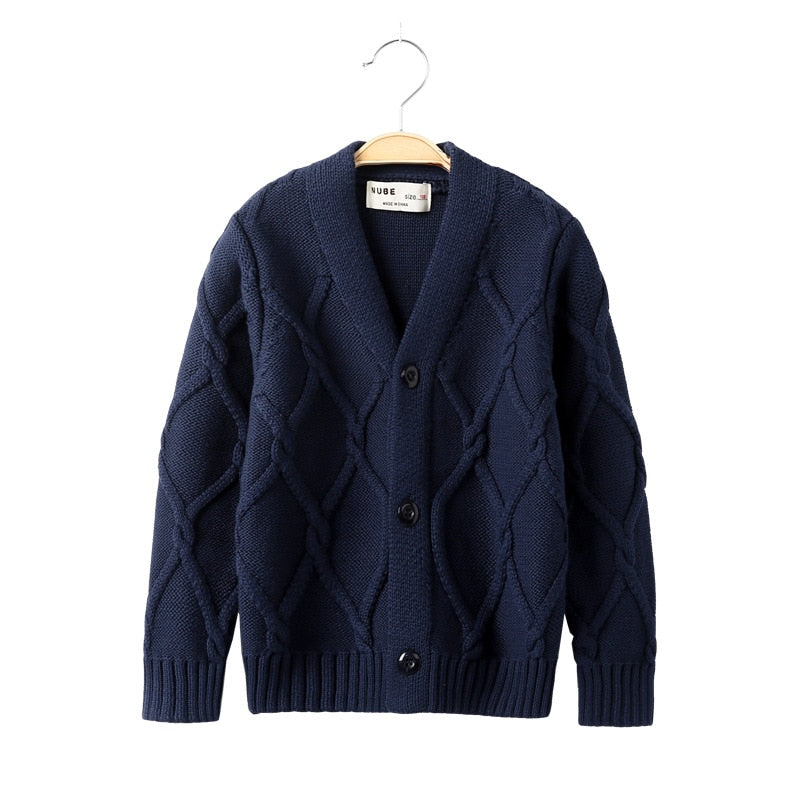 Casaco, cardigan para meninos, tricô cor pura jacquard para bebês de 2 a 10 anos.