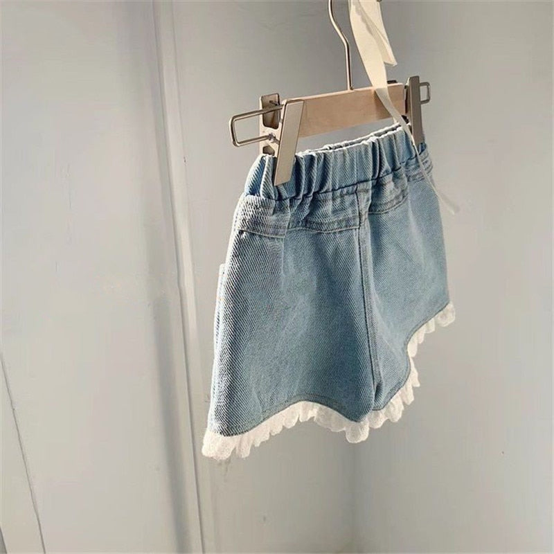 Short jeans para meninas, roupas de verão para crianças e bebês, com babados e renda, short elegante, fofo.