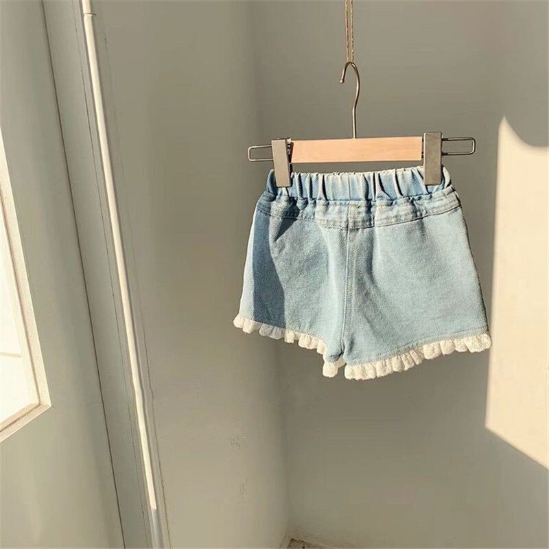 Short jeans para meninas, roupas de verão para crianças e bebês, com babados e renda, short elegante, fofo.