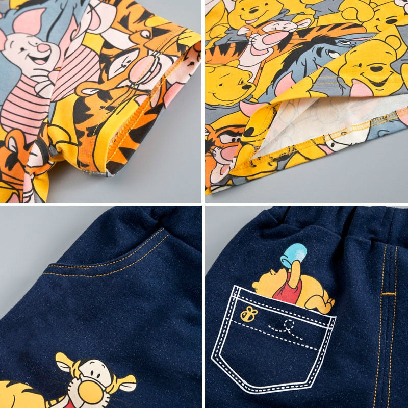 Para o verão roupa confortável e fresca para meninos. Conjuntos de roupas dos desenhos animados, ursos, impressão completa camiseta de  crianças em algodão macio e bermudinha Jeans.