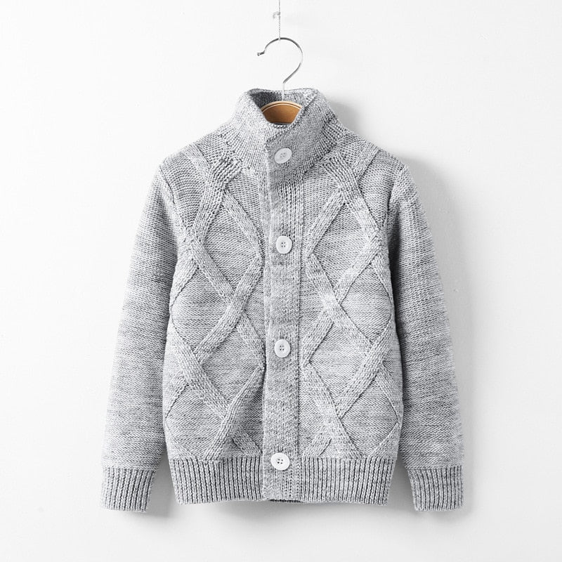 Casaco, cardigan para meninos, tricô cor pura jacquard para bebês de 2 a 10 anos.