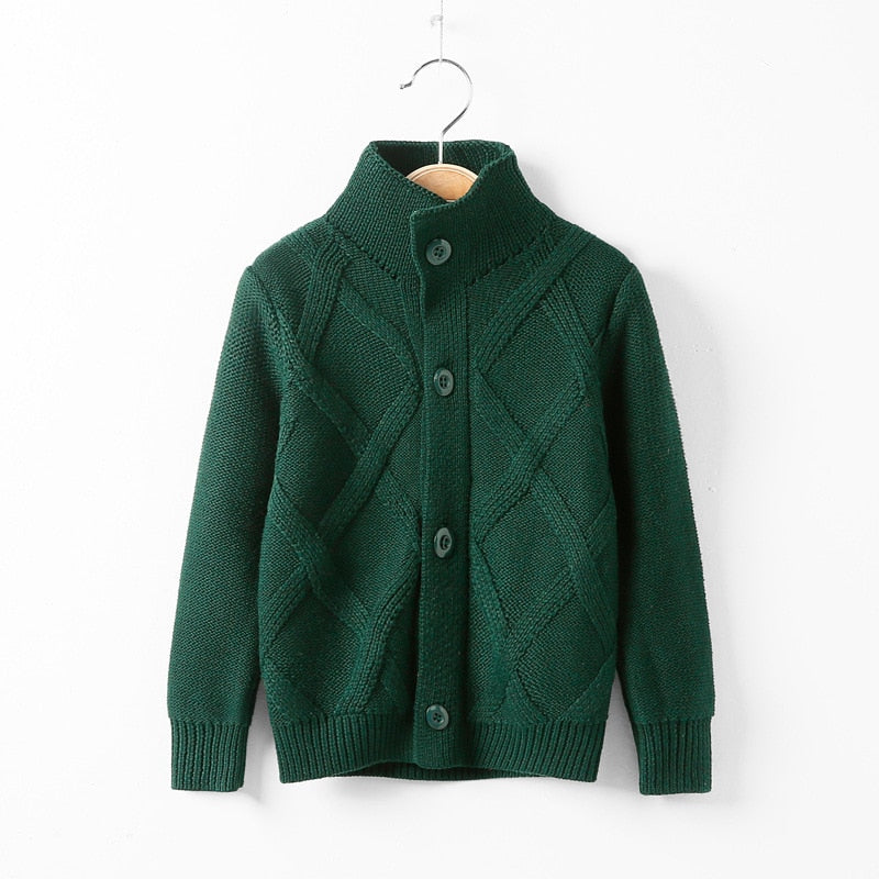 Casaco, cardigan para meninos, tricô cor pura jacquard para bebês de 2 a 10 anos.