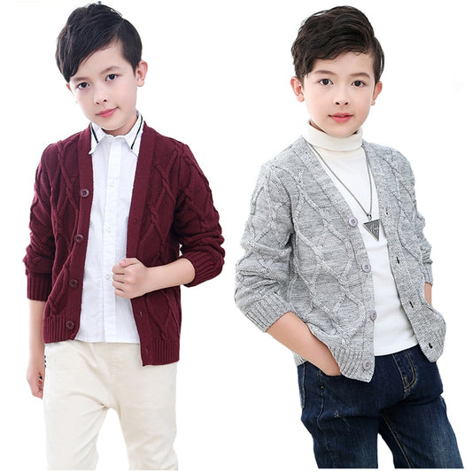 Casaco, cardigan para meninos, tricô cor pura jacquard para bebês de 2 a 10 anos.