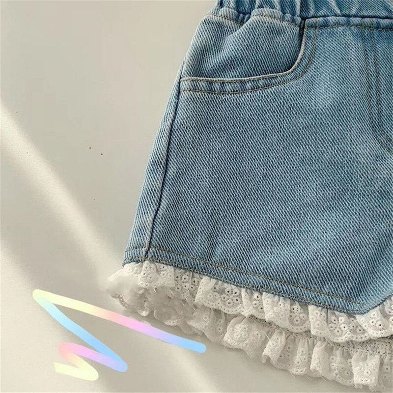 Short jeans para meninas, roupas de verão para crianças e bebês, com babados e renda, short elegante, fofo.