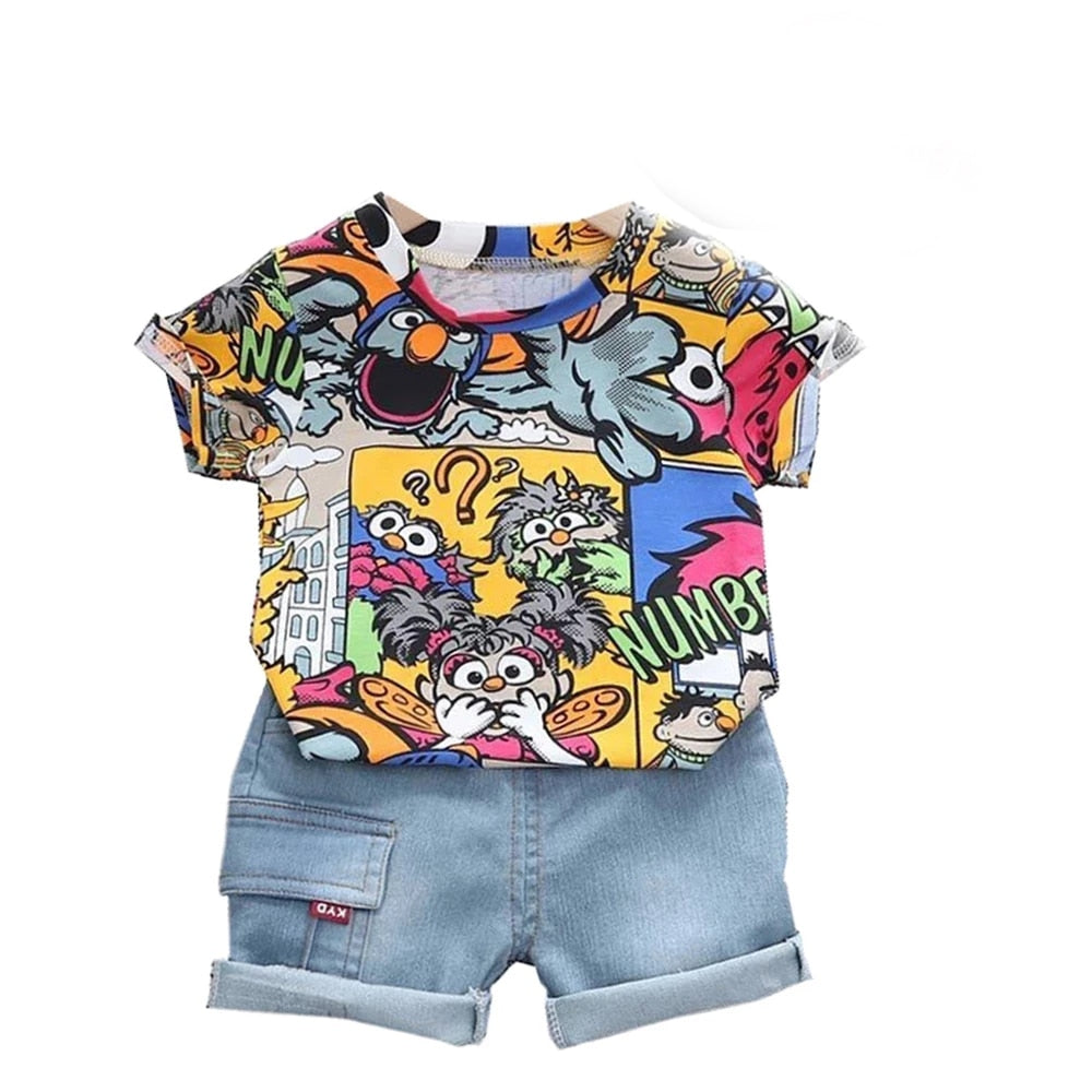 Conjunto infantil para meninos. Roupa com chapéu de sol estampa grafite manga curta short Jeans de crianças.