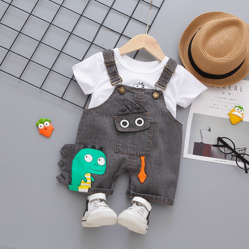 Conjunto de roupas macacão Jeans para bebês, meninos, camiseta com gola o e shorts com manga curta, novo modelo de roupa infantil para crianças.