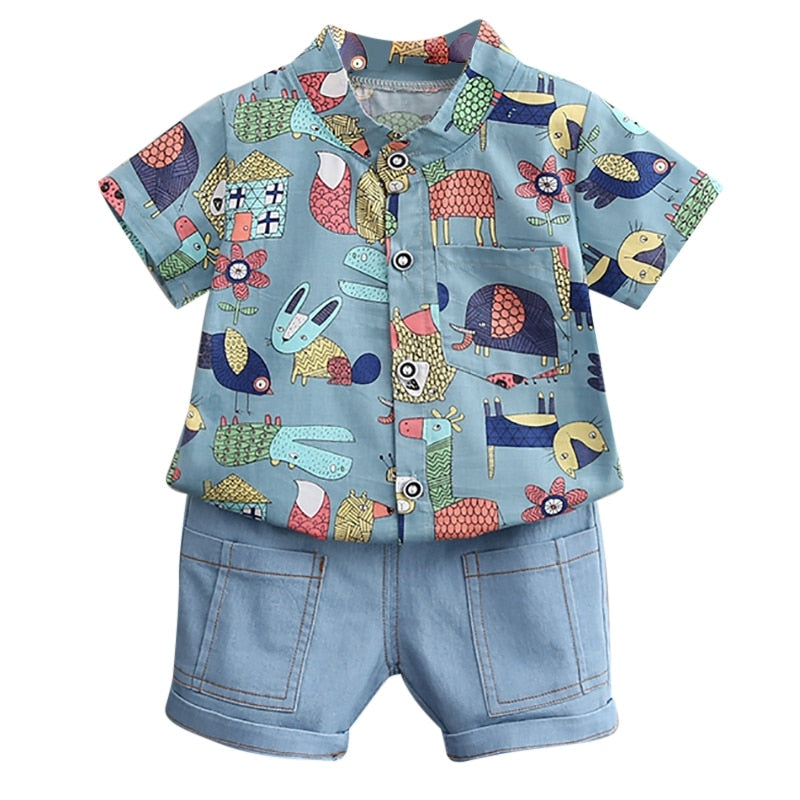 Roupa infantil de verão Baywell. Conjuntos para meninos, camiseta animal de manga curta, calças curtas, duas peças, conjunto de bebê de praia.