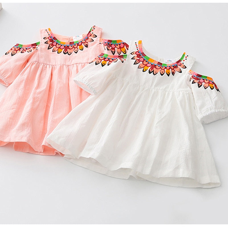 Vestidos de  Algodão Branco Estampa Rosa Vestido Princesa Sem Alças Vestido Verão Para Crianças Bebês Meninas