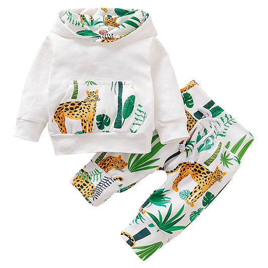 Conjunto de roupas de bebê menino e menina, recém-nascidos, estampa de selva dos desenhos animados. Roupa de bebê menino, com capuz e calça. Roupa infantil 2 peças.