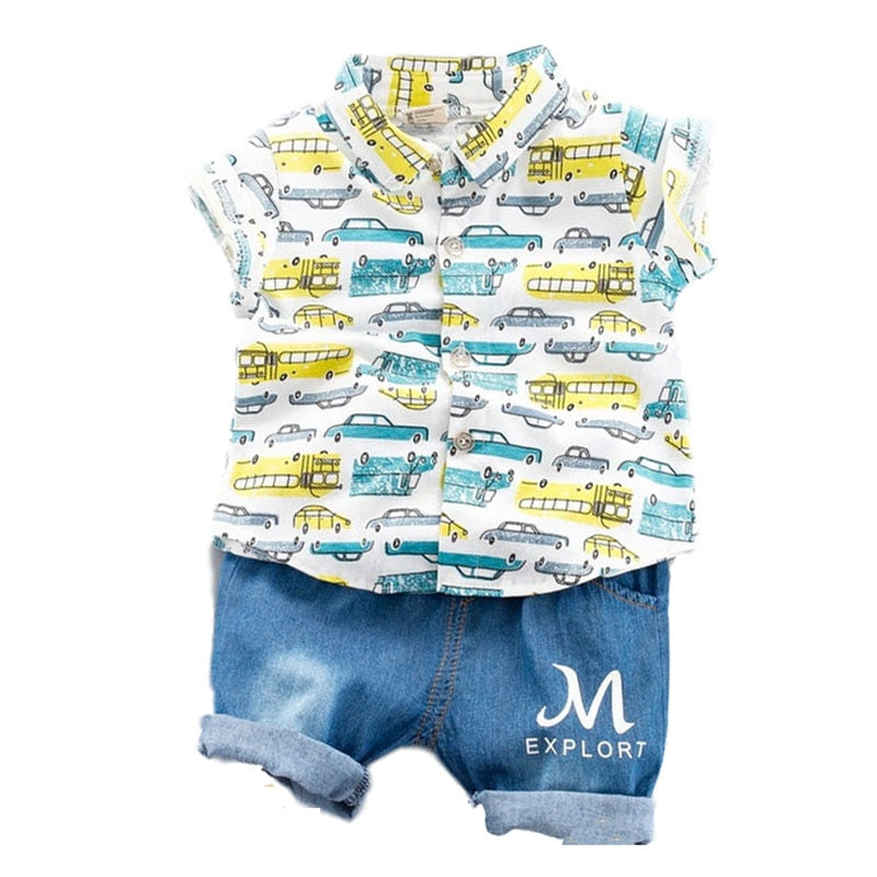 Conjunto de roupas macacão Jeans para bebês, meninos, camiseta com gola o e shorts com manga curta, novo modelo de roupa infantil para crianças.