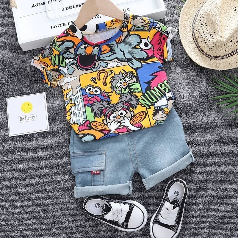 Conjunto infantil para meninos. Roupa com chapéu de sol estampa grafite manga curta short Jeans de crianças.