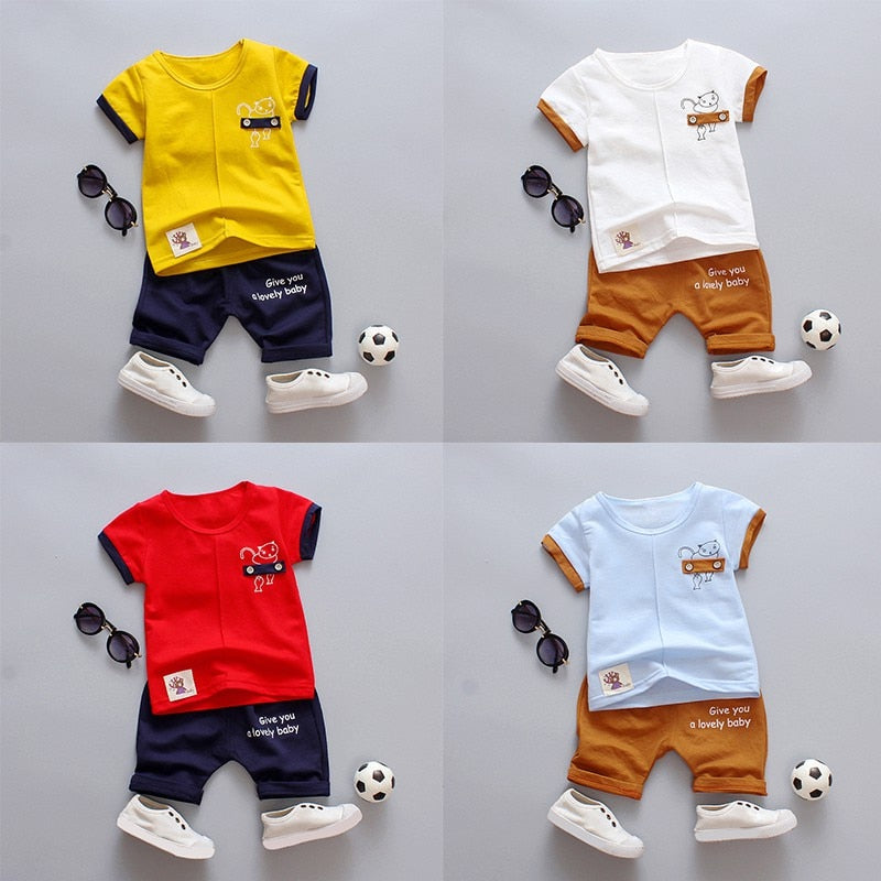 Conjunto de roupas de verão para crianças menino estampado camiseta manga curta gola redonda casuais calças de criança infantil roupas de menino