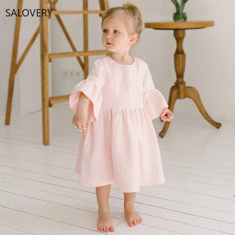 Vestido de criança, meninas roupas primavera verão para meninas  em algodão e linho. Vestido de crianças manga larga, casual rosa.