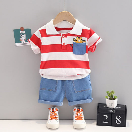 Conjunto de camisa polo mais bermuda Jeans para meninos. Polo com shorts 2 peças conjunto para crianças listrado tigre, casual, roupa para bebês meninos.