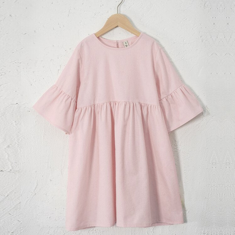 Vestido de criança, meninas roupas primavera verão para meninas  em algodão e linho. Vestido de crianças manga larga, casual rosa.