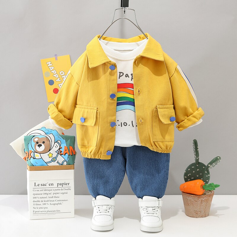 Conjunto de roupas do bebê, meninos dos desenhos animados, urso, casacos camisa jeans, roupas infantis.