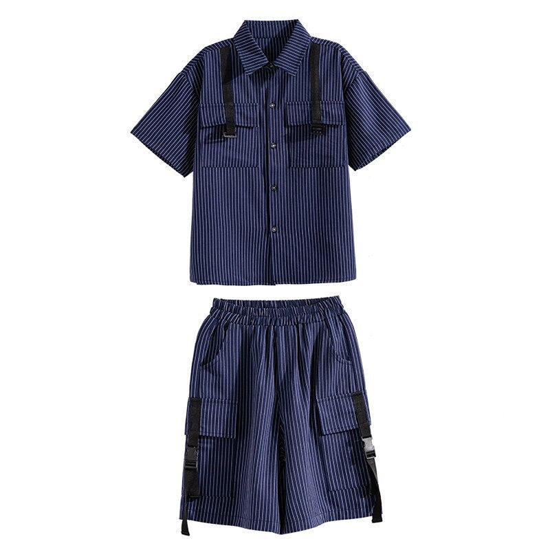 Roupa  em algodão e polyéster conjunto de camisa e bermuda infantil para crianças e adolescentes. Crianças bolso outfit. Conhunto legal para verão, listrado.