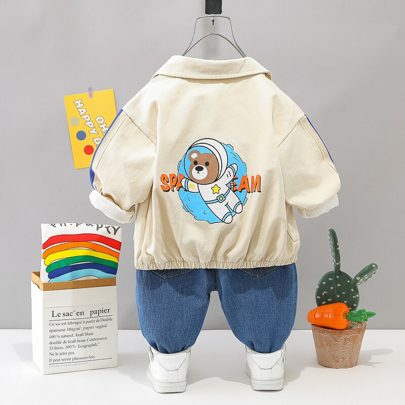 Conjunto de roupas do bebê, meninos dos desenhos animados, urso, casacos camisa jeans, roupas infantis.